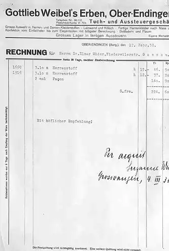 Rechnung von Weibel Möbel aus dem Jahr 1938