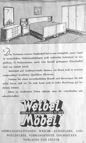 Historische Möbelwerbung von Weibel aus den 1940er Jahren