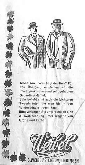 Historische Werbung für Herrenmode von Weibel in Endingen