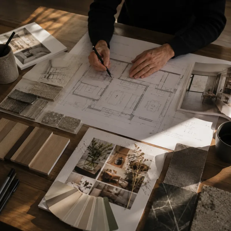 Planung eines Einrichtungskonzepts mit Grundrissen und Materialmustern