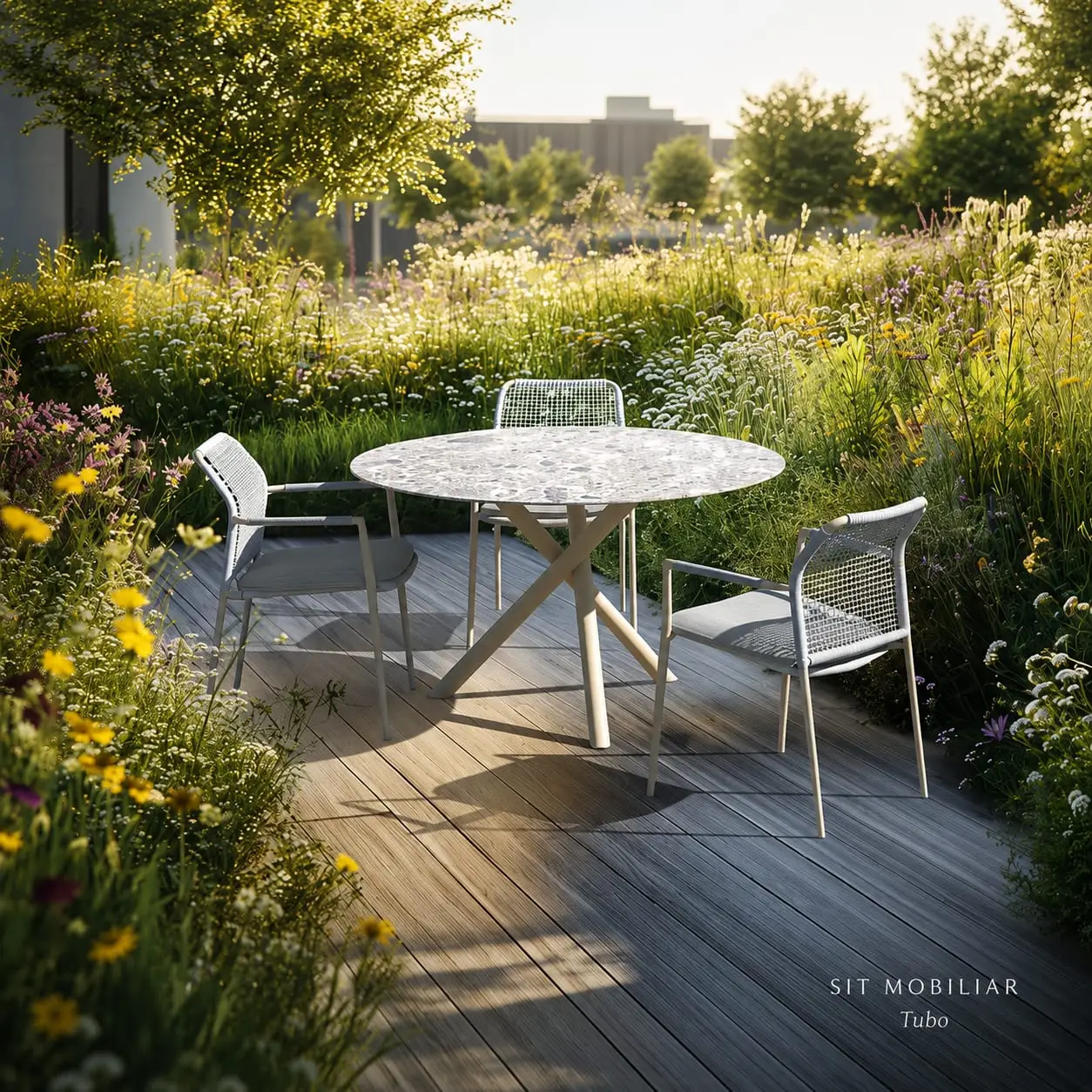 Runder Outdoor-Tisch mit Stühlen im Garten