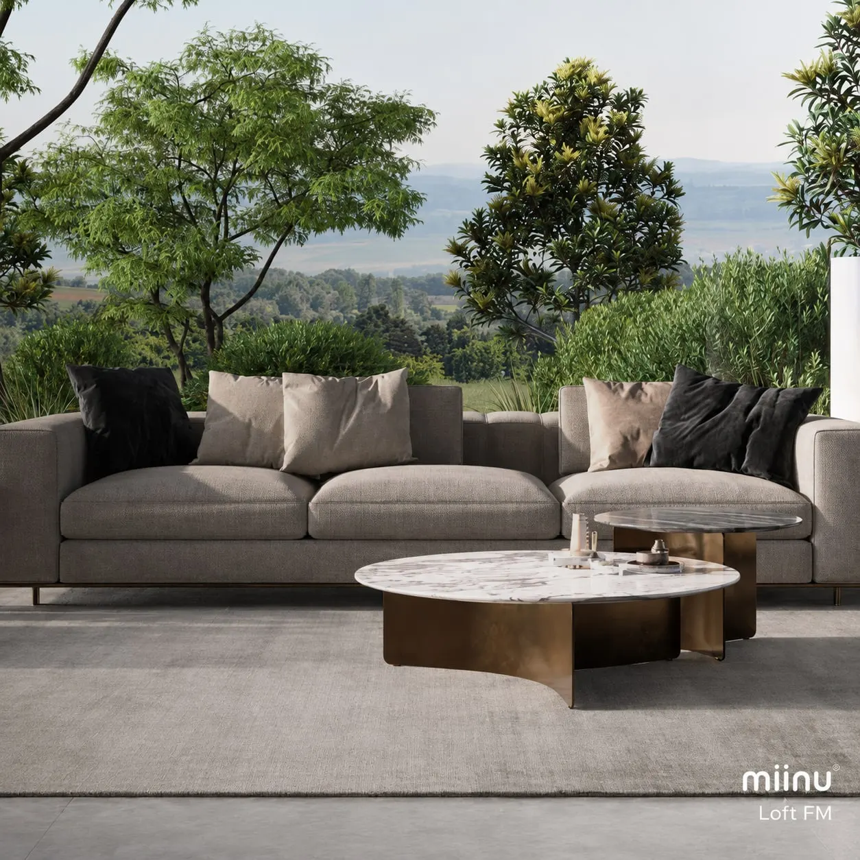 Moderner Wohnbereich mit Sofa und großem Teppich