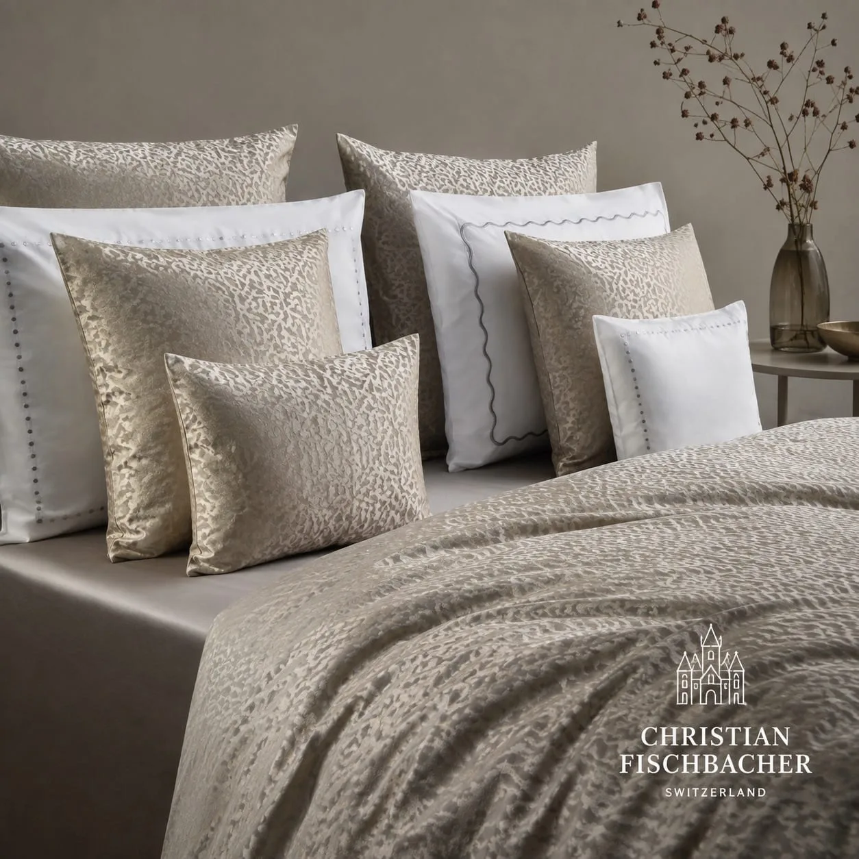 Dekorative Kissen und Bettwäsche auf elegantem Bett