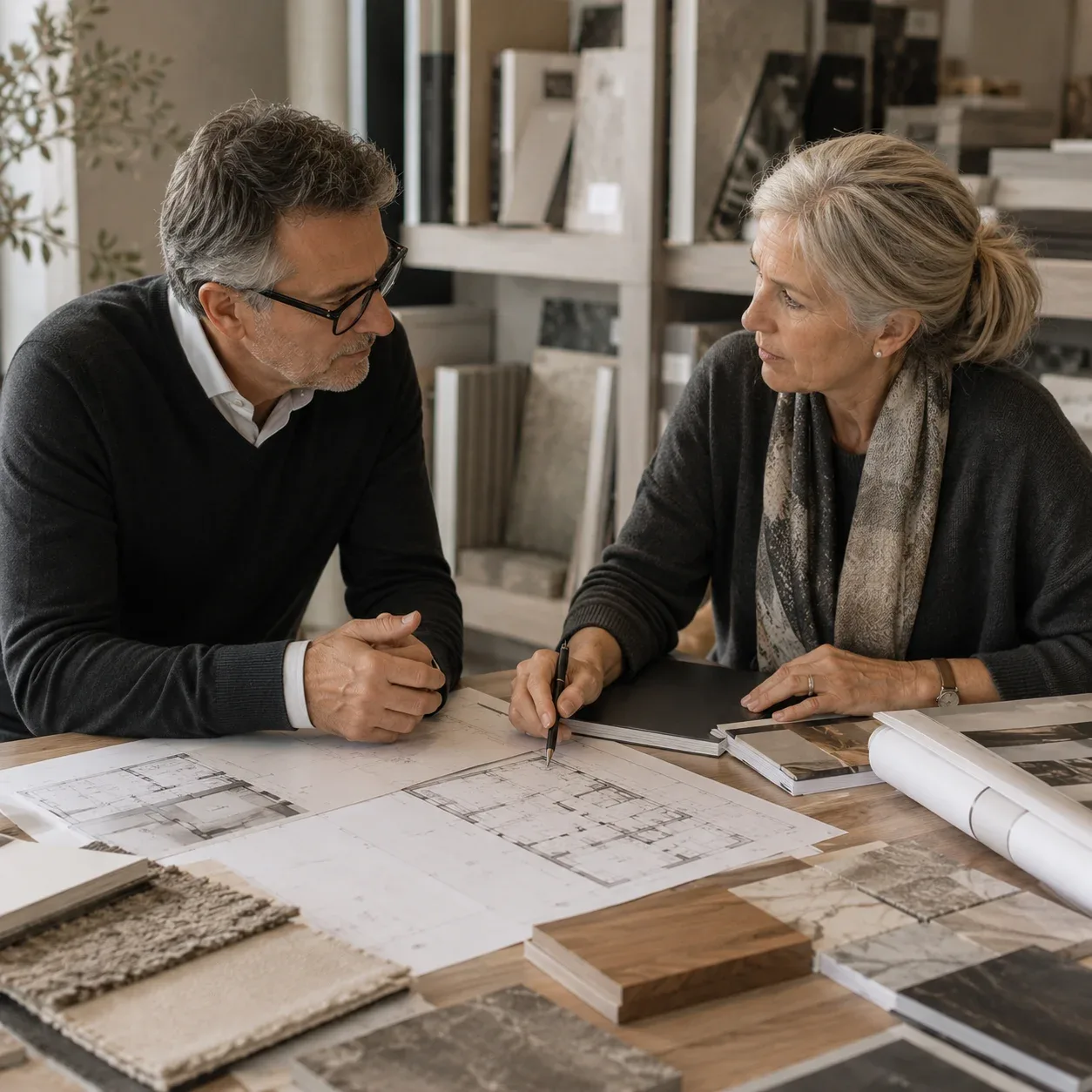 Persönliche Planungsgespräche mit Grundrissen und Materialmustern