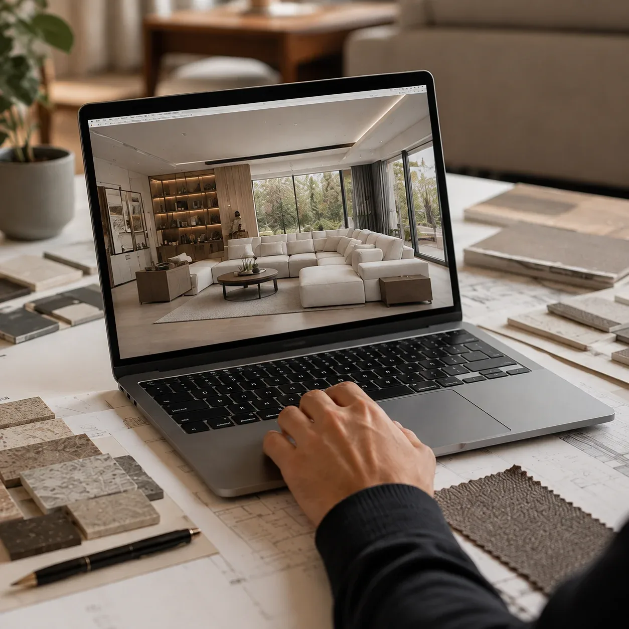 Digitale Raumplanung mit Möbelkonzept auf einem Laptop