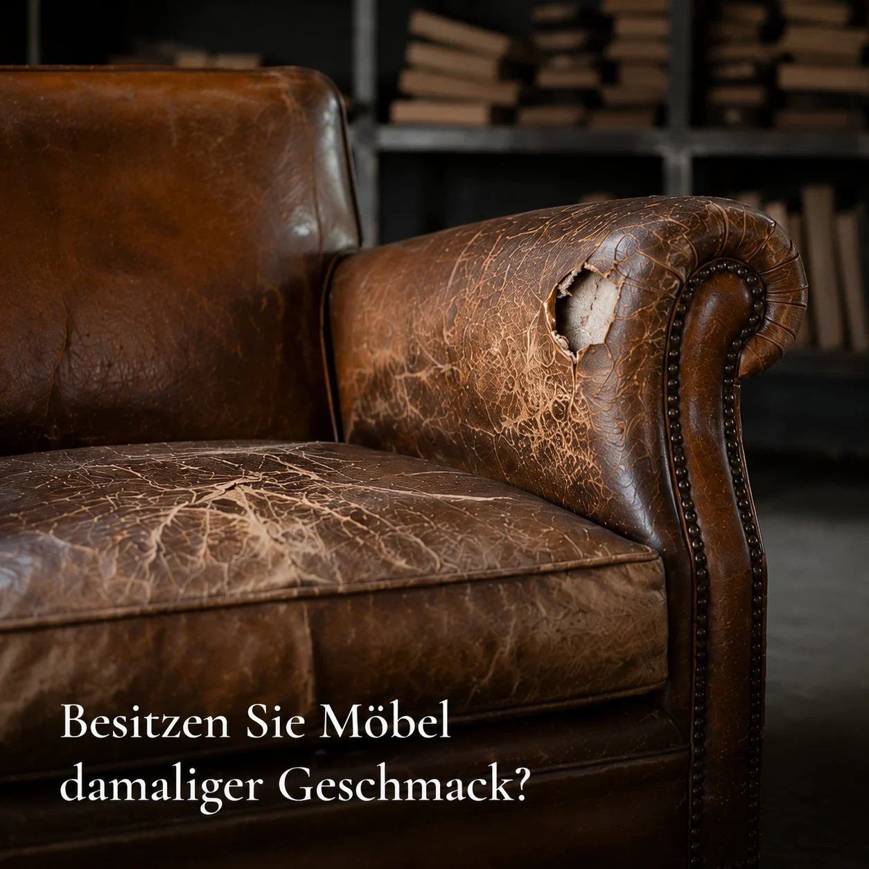 Abgenutzter Ledersessel vor der Aufarbeitung