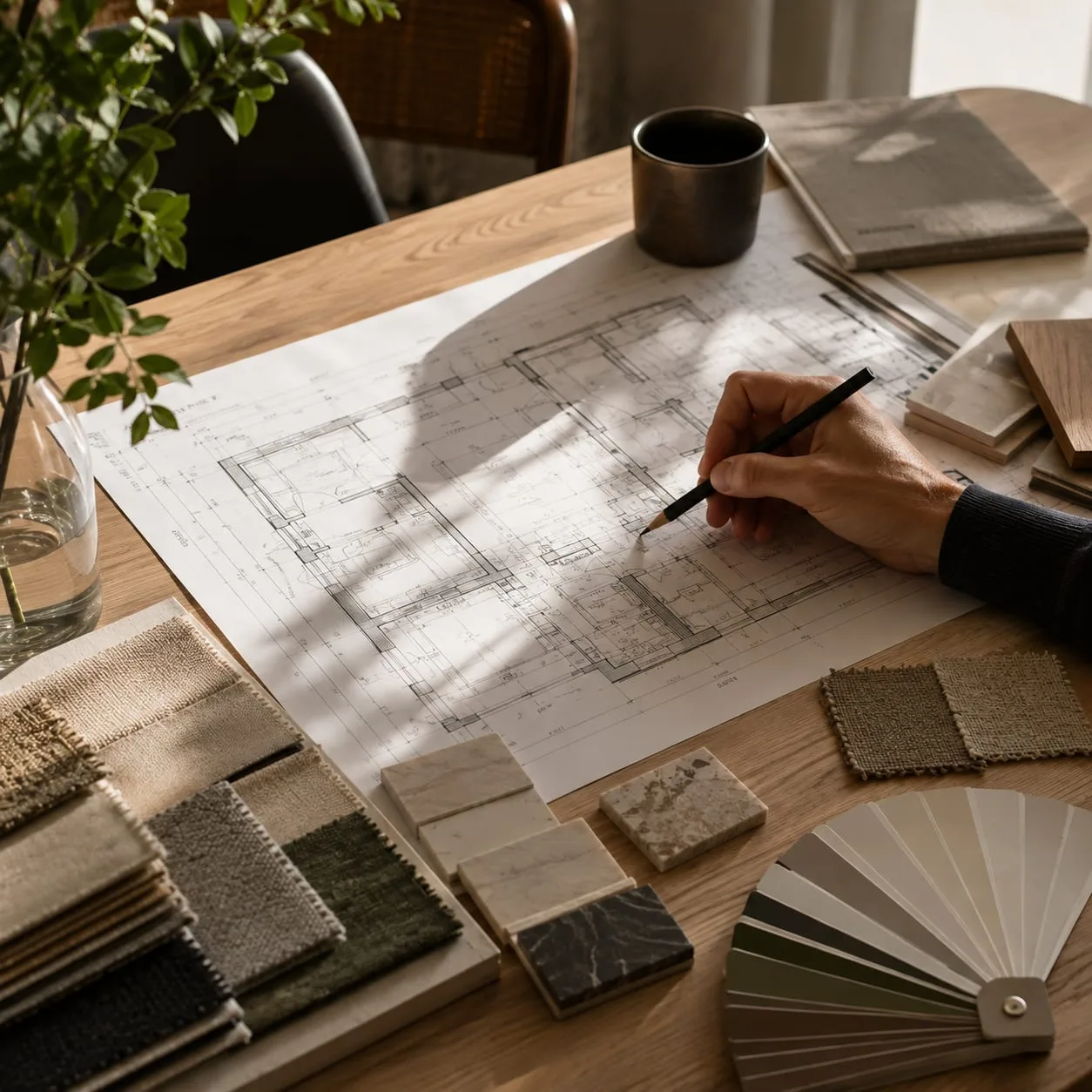 Planung eines Raumkonzepts mit Grundriss und Materialmustern